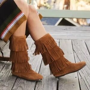 Minnetonka Fringe Boot 3 Layer Suede Brown Size 5 Costal Cowgirl Festival Ranch